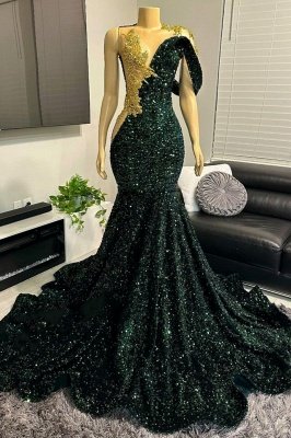 Asymmetric Shiny Sequins Mermaid Prom Dress Dark Green Gold Crystals Floor Length Party Dress