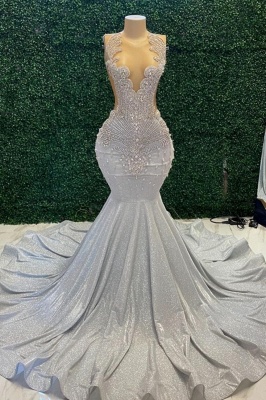 Charming Glitter Beadings Mermaid Prom Dress Crew Neck Sleeveless Silver Evening Gown