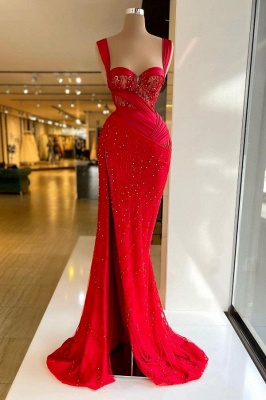 Trendy Floor-Length Sweetheart Sleeveless Split Front Mermaid Satin Lace Prom Dresses with Beads_1