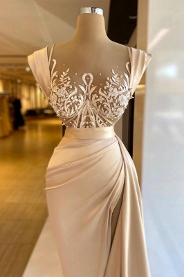 Charming Mermaid Straps Sleeveless Satin Lace Prom Dresses with Sweep Train_2