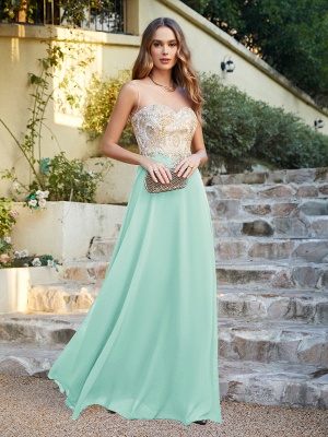 Sleeveless Lace Appliques Long Prom Dresses Chiffon Evening Party Gown