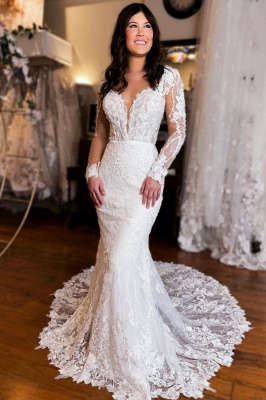 Long sleeves V-neck White Lace Wedding Dresses_1