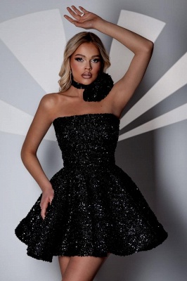 Charming Black Short Strapless Sequined A-Line Prom Dresses_1