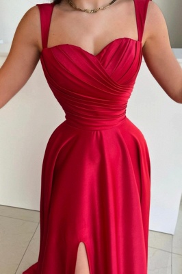 Sweetheart Red High Split Satin Prom Dresses_2