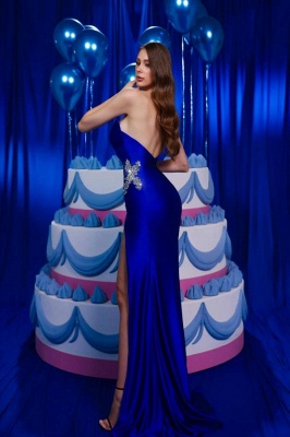 Fabulous Royal Blue Floor-Length V-Neck Strapless Mermaid Satin Prom Dresses with Slit_2
