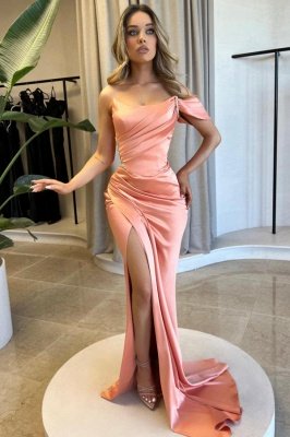 Beautiful Sweep Train Off-The-Shoulder Split Front Mermaid Satin Prom Dresses with Ruffles