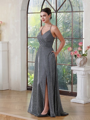 Neckholder-Abendkleid mit glitzernden Pailletten, bodenlang, V-Ausschnitt, seitlichem Schlitz, Partykleider mit Taschen_12
