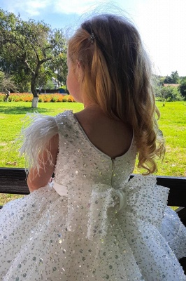 Glitter sequins Feather Short Flower Girl Dress with Bow_4