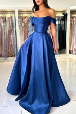 Vestidos de baile de cetim tipo seda azul royal com decote em A e ombro de fora