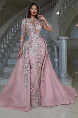 Blushing pink Long sleeves Overskirt Lace Prom Dresses