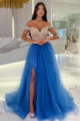 Off the shoulder Blue Tulle A-line Princess Prom Dresses