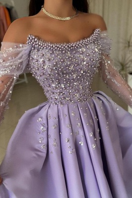 Lilac Off the shoulder Satin Princess Floor length Prom Dresses_5