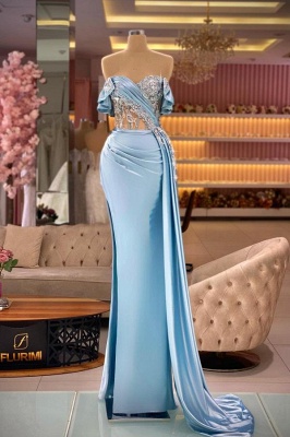 Off the shoulder Sky Blue Satin Column Prom Dresses