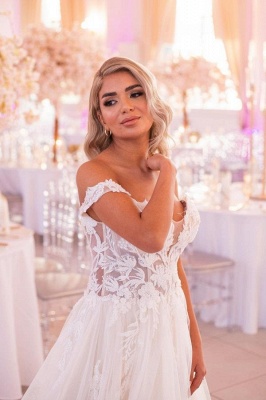 Off the shoulder White Lace Flowy Wedding Dresses