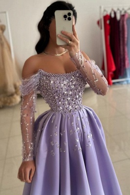 Lilac Off the shoulder Satin Princess Floor length Prom Dresses_4