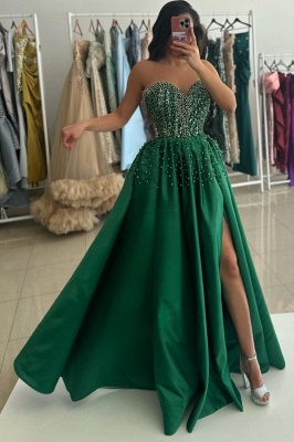 Emerald Green Sweetheart A-line Satin High Split Prom Dresses