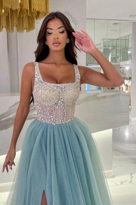 Square neck Sleeveless Silver Beaded Tulle Prom Dresses_2