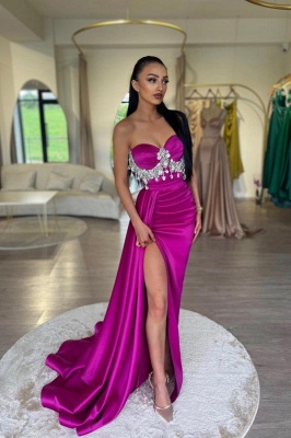 Sexy Strapless Sweetheart Ruched Prom Dress High Split Satin Prom Dress with Beading