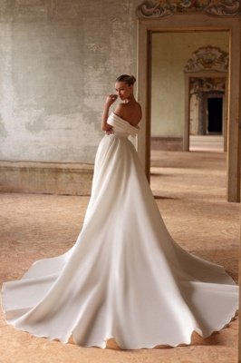 Off-the-Shoulder Ruched Satin Sheath Wedding Dress Pearls White Bridal Dress_4