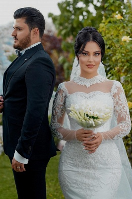 Unique Sweetheart Tulle Appliques Lace Mermaid Wedding Dresses Long Sleeve_2