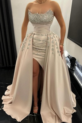 Lindos vestidos de noite em linha A de cetim sem alças com franzidos e cristais_2