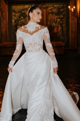 Robe de mariée trapèze en dentelle à col haut et manches longues_4