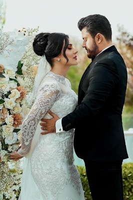 Unique Sweetheart Tulle Appliques Lace Mermaid Wedding Dresses Long Sleeve_8