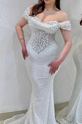 Stunning Off-the-Shoulder White Sequined Sheath Evening Dress with Pearls