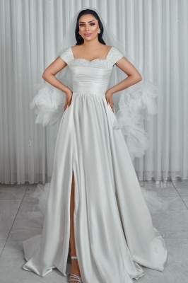 Elegante fora do ombro cetim franzido pérola vestidos de noiva linha A_3