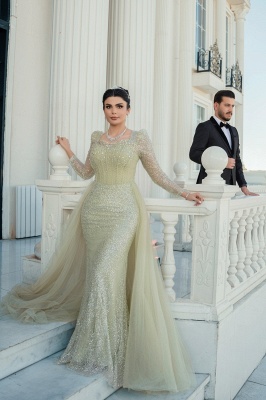 Unique Square Neck Tulle Sequins Mermaid Wedding Dresses Long Sleeves with Sweep Train_7