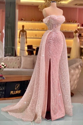 Off-the-Shoulder Side Split Long Evening Gown Glitter Sequins Beadings Sheath Prom Dress with Sweep Train