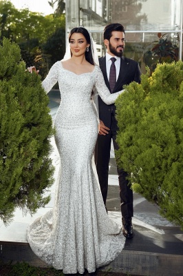 Glitter Sequins Sweetheart Satin Mermaid Wedding Dresses Long Sleeve_9