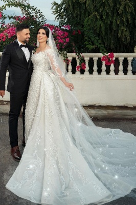 Gorgeous Appliques Lace Crystal Mermaid Wedding Dresses Long Sleeves_3