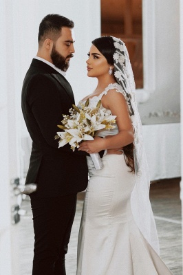Robe de mariée sirène simple à fleurs blanches en satin carré_6