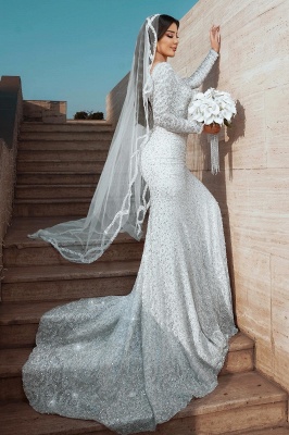 Glitter Sequins Sweetheart Satin Mermaid Wedding Dresses Long Sleeve_2