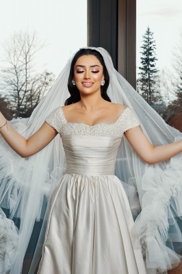 Elegante fora do ombro cetim franzido pérola vestidos de noiva linha A_2