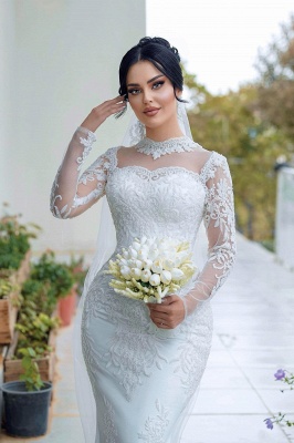 Unique Sweetheart Tulle Appliques Lace Mermaid Wedding Dresses Long Sleeve_4