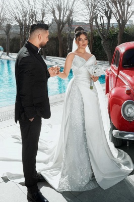 Unique One Shoulder Stain Sequin Mermaid Wedding Dresses_13