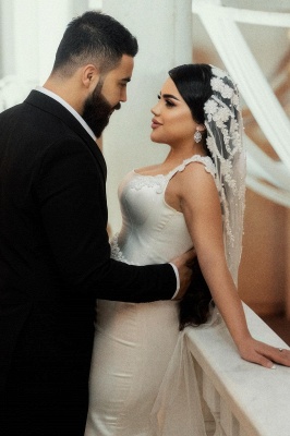 Robe de mariée sirène simple à fleurs blanches en satin carré_5