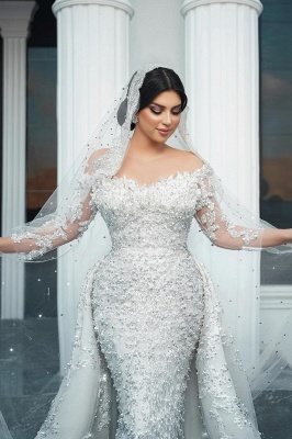 Gorgeous Appliques Lace Crystal Mermaid Wedding Dresses Long Sleeves_6