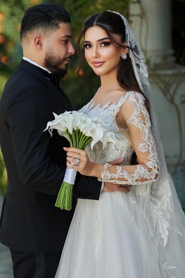 Robe de mariée trapèze en tulle et dentelle à manches longues_3
