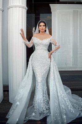 Gorgeous Appliques Lace Crystal Mermaid Wedding Dresses Long Sleeves_5