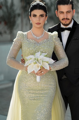 Unique Square Neck Tulle Sequins Mermaid Wedding Dresses Long Sleeves with Sweep Train_8