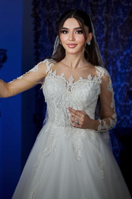 Robe de mariée trapèze en tulle et dentelle à manches longues_2