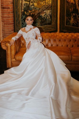 High-neck Appliques Lace A-Line Wedding Dresses Long Sleeve