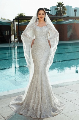 Glitter Sequins Sweetheart Satin Mermaid Wedding Dresses Long Sleeve_1