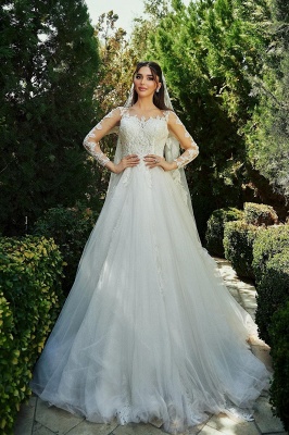 Robe de mariée trapèze en tulle et dentelle à manches longues_5