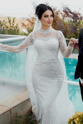 Unique Sweetheart Tulle Appliques Lace Mermaid Wedding Dresses Long Sleeve_9