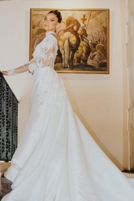 Robe de mariée trapèze en dentelle à col haut et manches longues_2