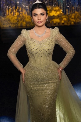 Unique Square Neck Tulle Sequins Mermaid Wedding Dresses Long Sleeves with Sweep Train_6
